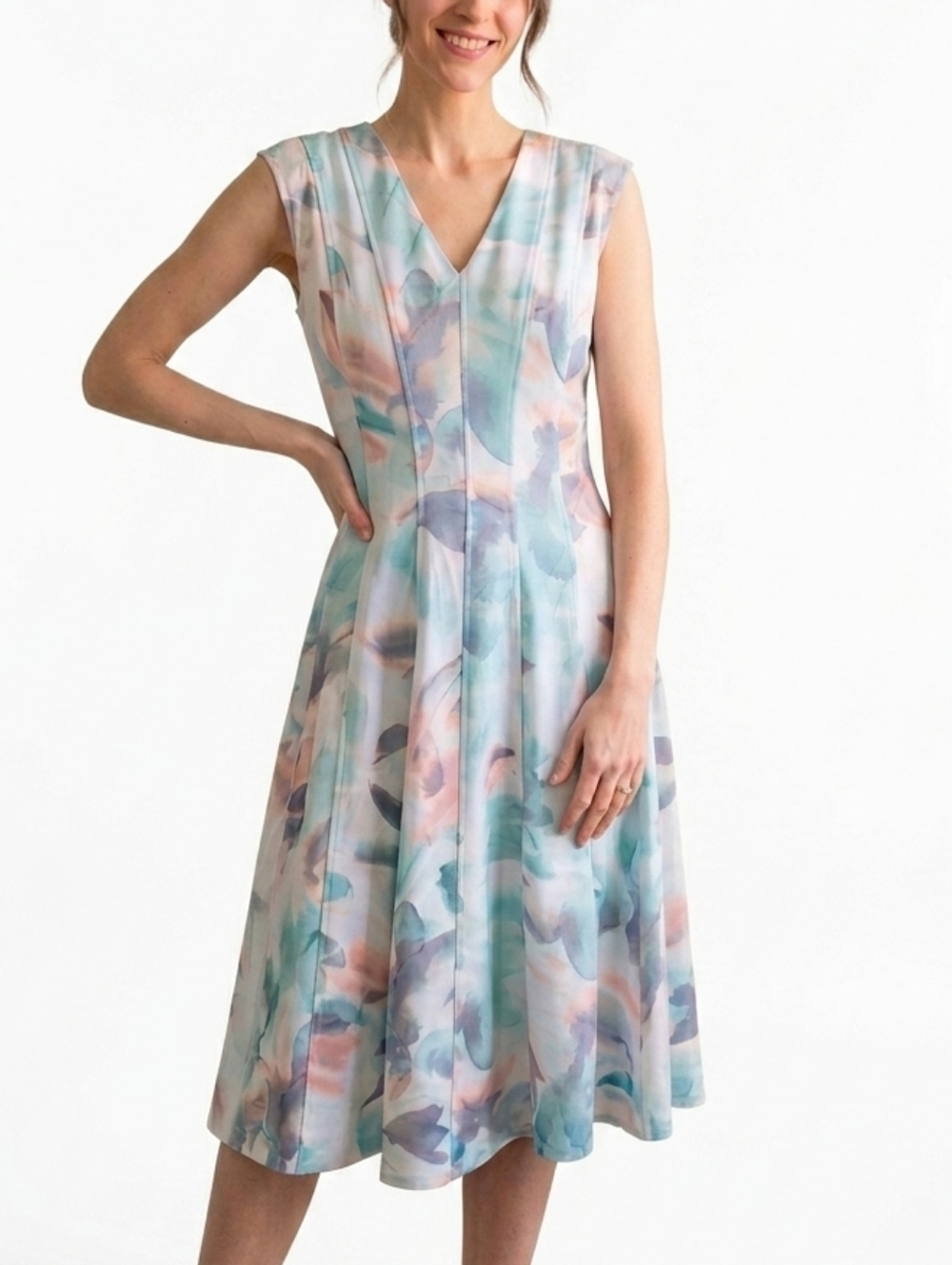 Nwt Pastel Pinks+Blues Watercolour Structured Spring 🐇🌱 Midi Dress Sz 2